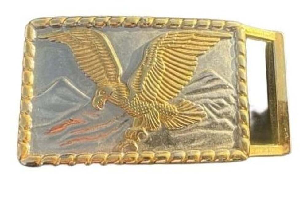 Vintage Two Tone Soaring Eagle Mountain Scene Rectangular Belt Buckle